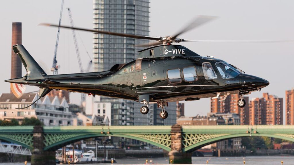 The luxurious and spacious interior of the Agusta 109SP helicopter.