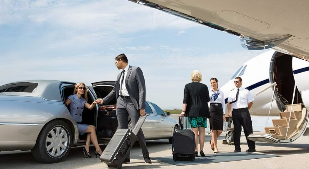 A professional chauffeur opening the door of a luxury car for an airport transfer