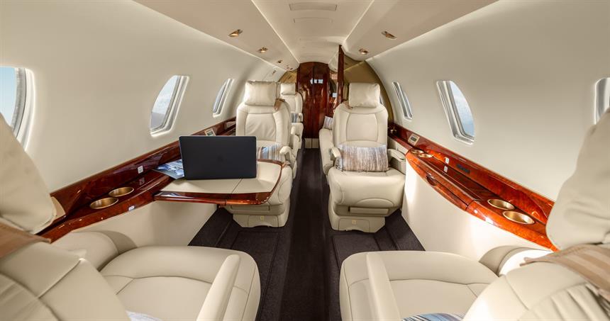 Luxury interior of a Citation X private jet.