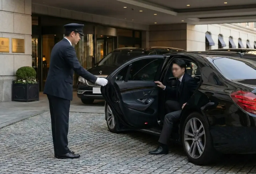 chauffeur opening door of luxury Mercedes executive car for VIP client