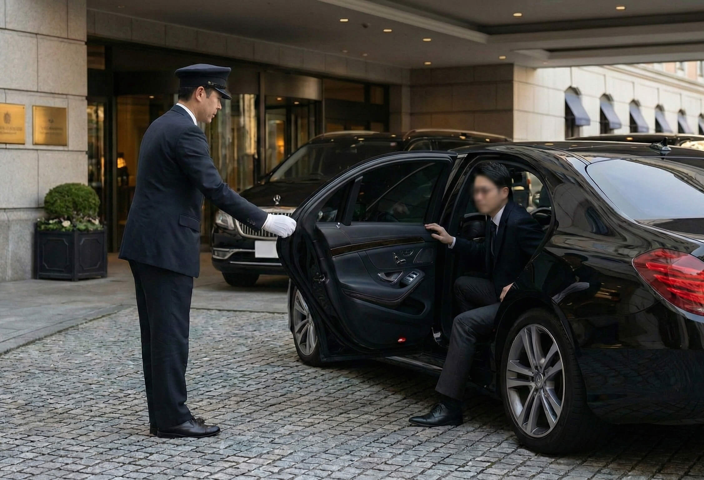 chauffeur opening door of luxury Mercedes executive car for VIP client