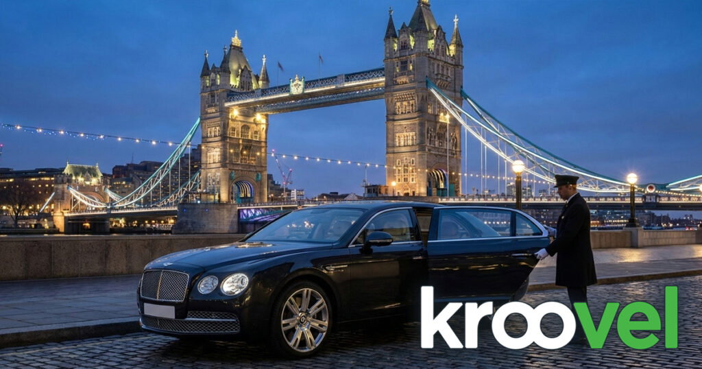 Luxury Bentley limousine with chauffeur in front of Tower Bridge, London – premium vehicle hire by Kroovel